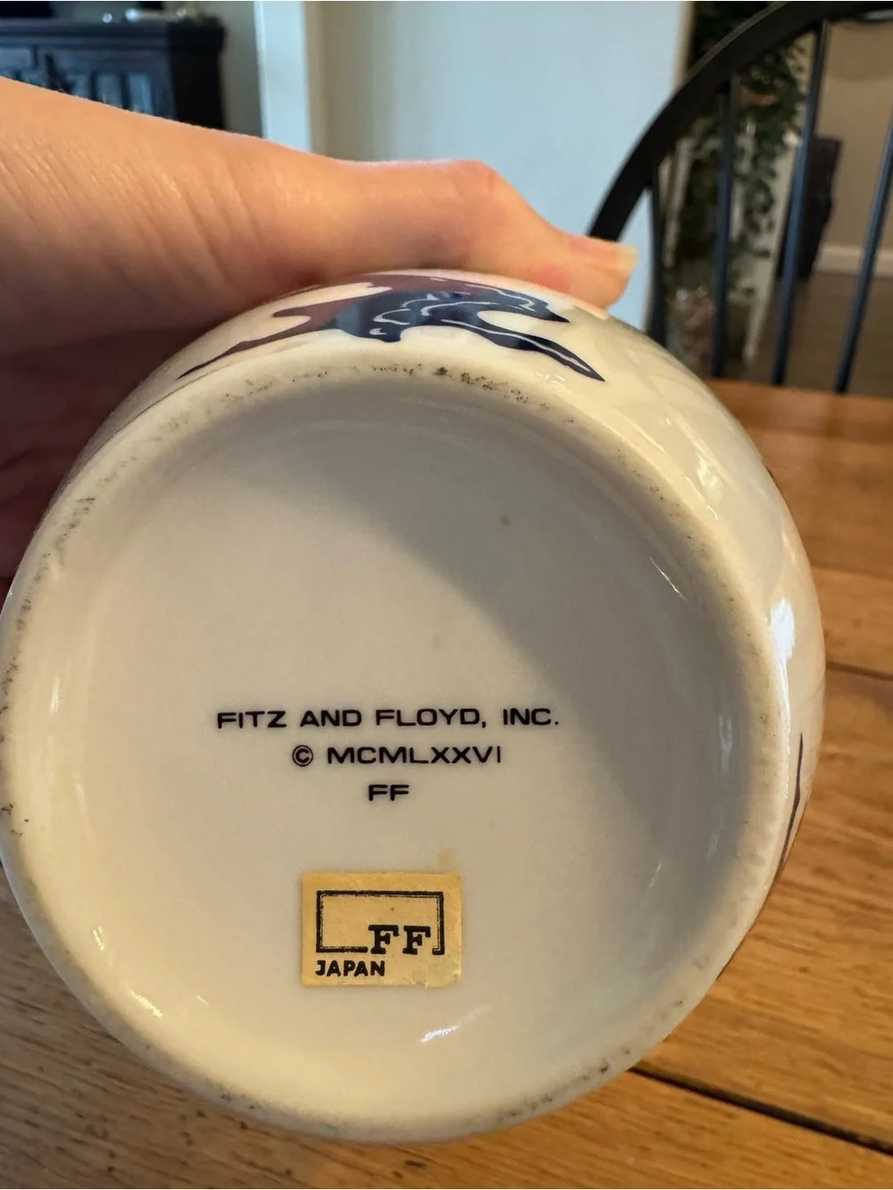 Fitz and Floyd White Ceramic Vase with Blue Floral Motif